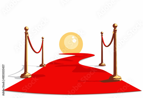 Elegant Red Carpet with Golden Stanchions and Velvet Ropes Leading to a Mysterious Glowing Orb on a White Background