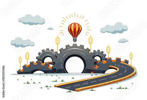 Illustration of a Hot Air Balloon Soaring Above Industrial Gears and a Winding Road Amidst Clouds in a Surreal Mechanical Landscape
