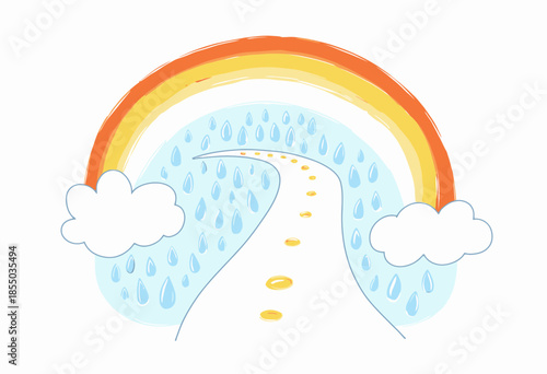 Colorful illustration featuring a vibrant rainbow arching over a whimsical road flanked by fluffy clouds and droplets, capturing a sense of joy and imagination