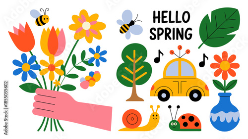 A vibrant collection of spring elements celebrating the arrival of the new season