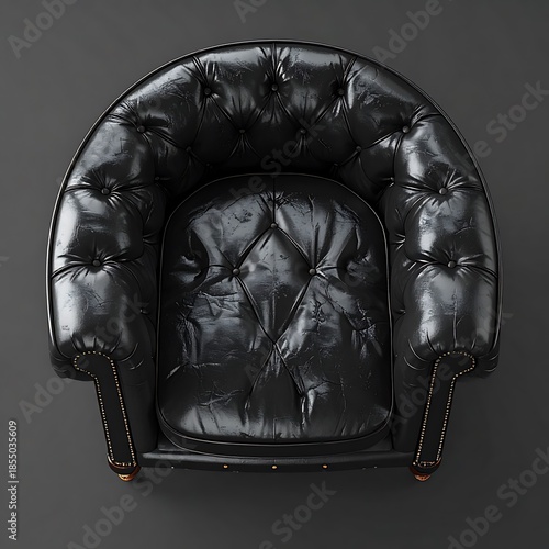 Overhead view of a luxurious black leather armchair with button tufting on a gray background