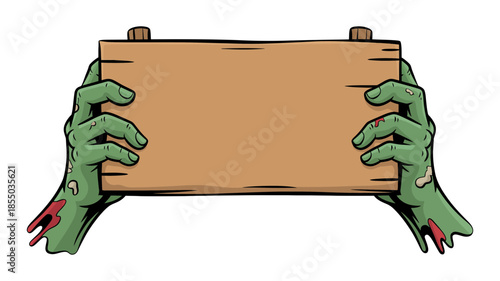Creepy green zombie hands holding a blank wooden sign perfect for your halloween message