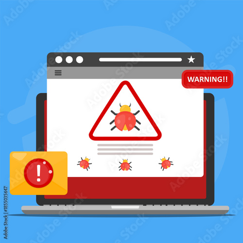 Laptop screen showing virus warning and bugs ideal for technology related websites, cybersecurity concepts, malware detection software, and technology awareness articles.