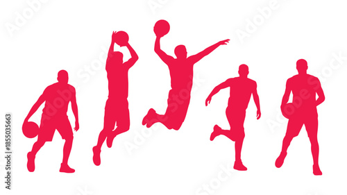Dynamic red silhouettes of basketball players showcasing various action poses and game movements