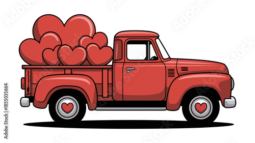 A charming red vintage pickup truck filled with a truckload of love hearts