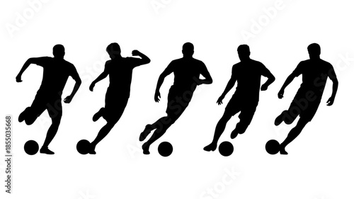 Dynamic silhouettes of soccer players dribbling and engaging in various on-field actions