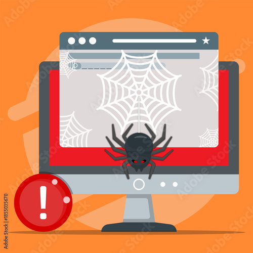 Computer surrounded by spider webs, caution sign nearby. Suitable for cybersecuritya and warning messages of hacking concept. 
