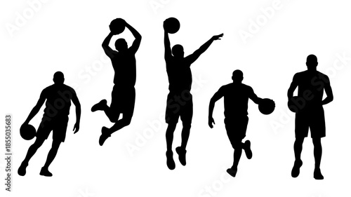 Silhouettes of basketball players in dynamic action poses showcasing various movements