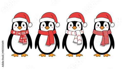 A cheerful group of four cartoon penguins adorned in festive santa hats and cozy winter scarves