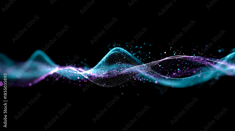 Fototapeta premium 水色と紫の光り輝く粒子が描くデジタルウェーブ