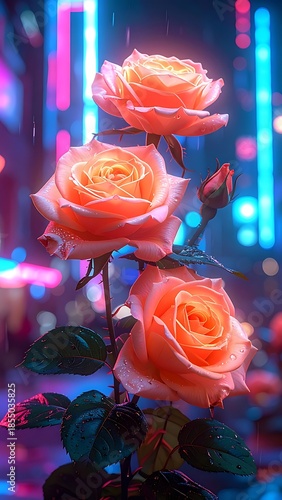 Peach roses glisten in a garden, set against a vibrant, blurred cityscape, creating a dreamlike ethereal atmosphere
