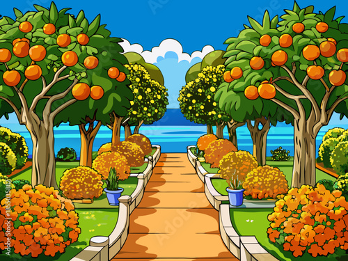 vector of A beautiful garden with orange trees in a narrow street that leads to the sea. Beautiful scene from the entrance to the sea.