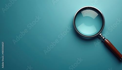 Magnifying glass rests on teal background suggesting research, discovery. Tool aids in detailed examination, finding information. Explore ideas, analyze data, uncover insights with simple object.