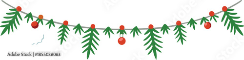 Adobe Illustrator Artwork  Horizontal Christmas garland with snowy fir branches, pine cones, and holly berries. Festive design for winter banners, cards, invitations, and seasonal posters. Transparent