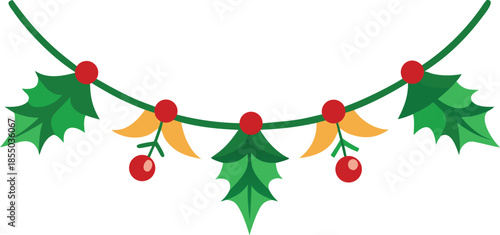 Adobe Illustrator Artwork  Horizontal Christmas garland with snowy fir branches, pine cones, and holly berries. Festive design for winter banners, cards, invitations, and seasonal posters. Transparent