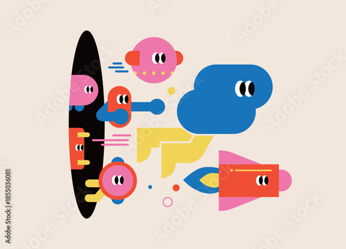 Colorful Cartoon Characters Blasting Out of a Portal. Cute style illustration. Abstract image. Team members running towards development. Business growth.