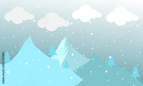 Peaceful winter landscape illustration featuring snow-covered mountains, evergreen trees, and gentle snowfall under a cloudy sky, ideal for seasonal graphic design