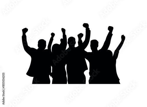 Group of people celebration silhouette. Crowd raising fists in victory and unity