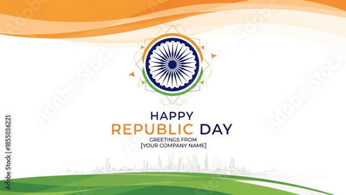 Tricolour Republic Day Wishes: A visually appealing digital design celebrates the spirit of Republic Day. The artwork features vibrant tricolor hues reminiscent of a flag, a central Ashoka Chakra.
