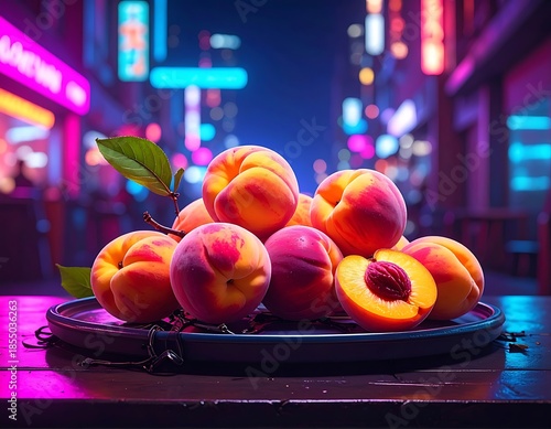 Peaches arranged on a tray with neon city backdrop; half-cut fruit reveals seed