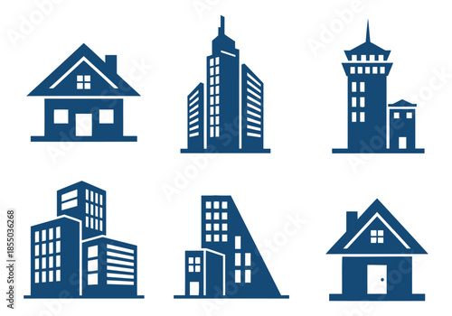 Collection of six blue building icons including houses and skyscrapers