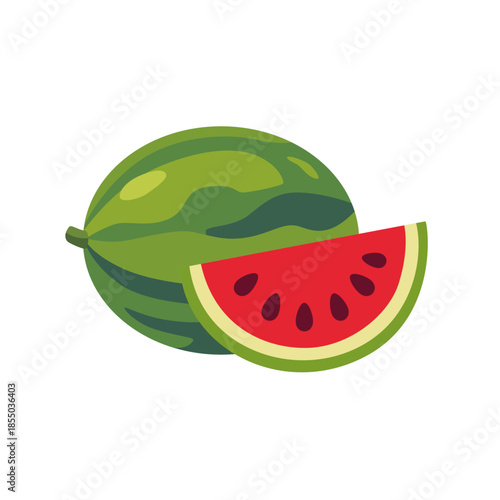 Striped watermelon with red slice, fruit icon, isolated flat style vector illustration