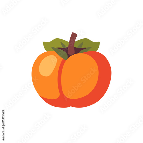 Ripe persimmon with green leaves, fruit icon, isolated flat style vector illustration