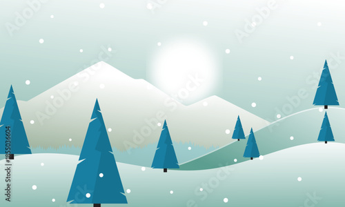 A serene winter wonderland illustration depicting snow-covered mountains, tall evergreen trees, and gentle falling snowflakes under a bright tranquil sky