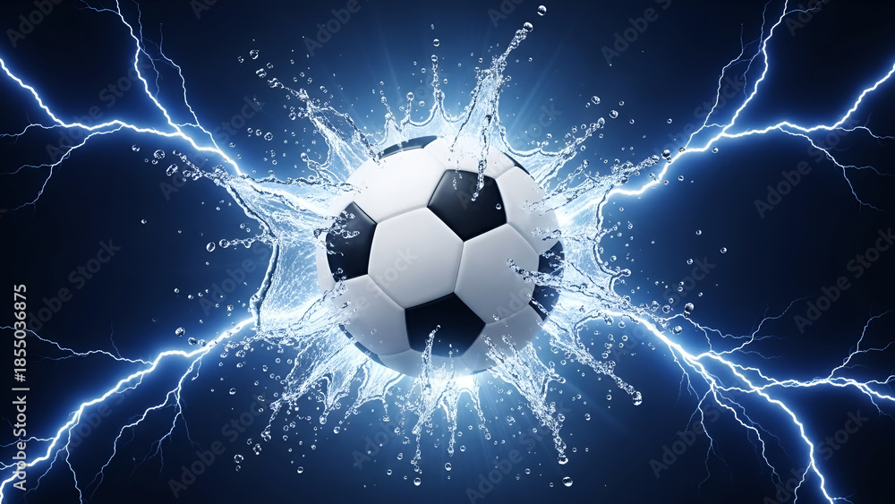 Fototapeta premium Soccer ball exploding with water splashes and lightning bolts image