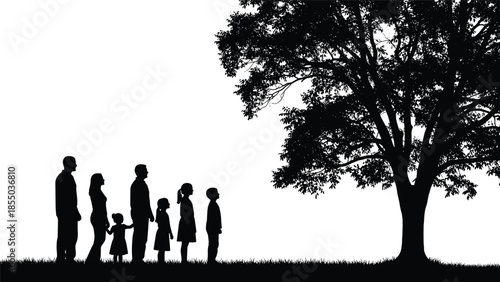 Family silhouette standing in line under large tree, parents and children together, generations and growth, unity and protection, minimal black and white illustration