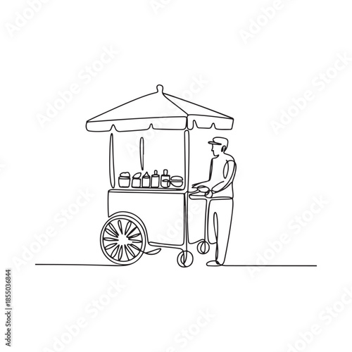 Simple one line drawing of a street vendor and his food cart
