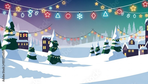 A snowy village decorated with colorful lights and stars at night is a beautiful winter scene with snow covered trees and houses