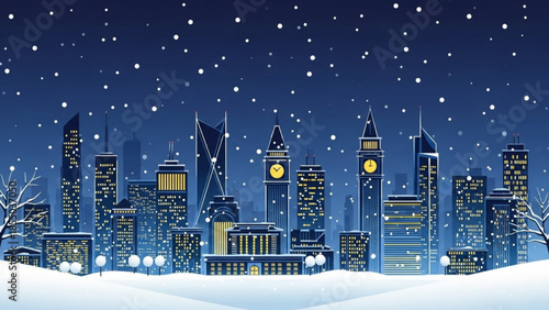 Snowy cityscape at night with skyscrapers and clock towers, snowflakes falling, bare trees, and illuminated buildings in a modern metropolis during winter