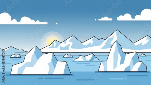 Icebergs floating in ocean with snow capped mountains and sunny blue sky with white clouds