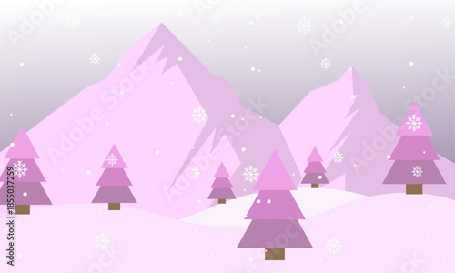 Charming Winter Landscape Illustration Featuring Snow-Covered Pink Mountains and Fir Trees with Falling Snowflakes - A Serene and Beautiful Nature Scene