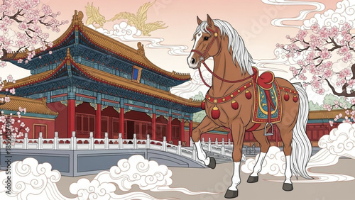 Majestic brown horse with white mane and tail stands proudly in front of a traditional chinese temple surrounded by blooming cherry blossoms
