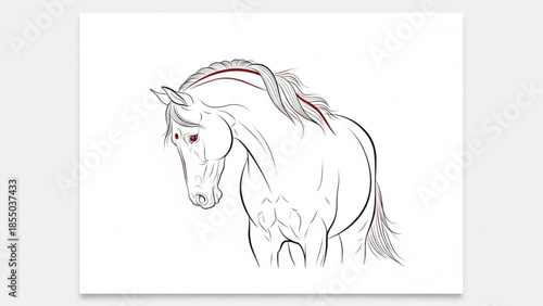 Hand drawn white horse illustration with red accents on white background, side view of horse head and neck