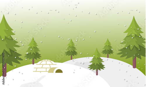 Whimsical winter wonderland illustration featuring a cozy igloo nestled among snow-covered pine trees in a tranquil, festive snowy landscape design