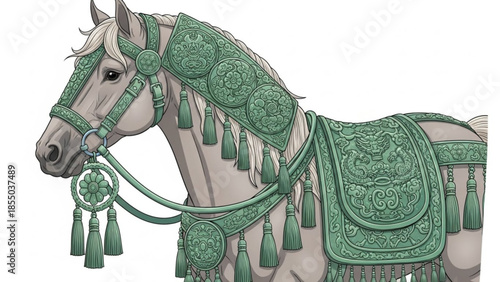 Decorative horse with ornate green harness and saddle on white background, elegant equine illustration with intricate details