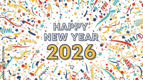 Colorful happy new year 2026 celebration with confetti and streamers on white background
