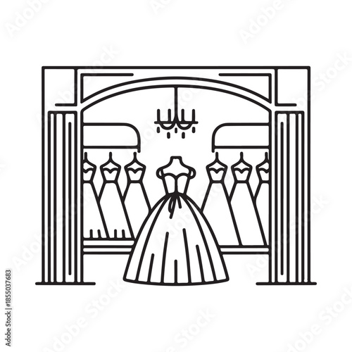 A vintage boutique display featuring elegant gowns in a classic style