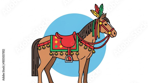 Illustration of a horse wearing traditional native american headdress and saddle, standing against a blue circle background