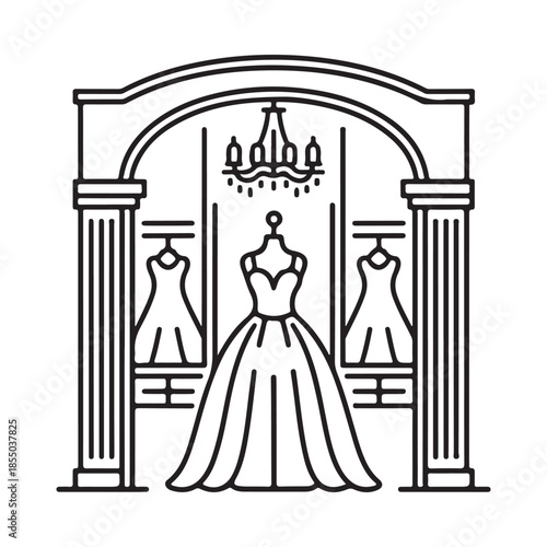 Elegant bridal boutique display featuring dresses and a chandelier in a frame