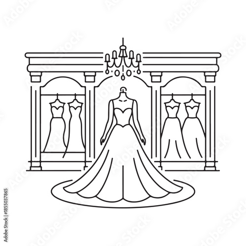 Elegant wedding dresses displayed in a boutique with a chandelier above