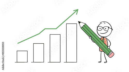 A stick figure draws a rising graph with a large pencil.
