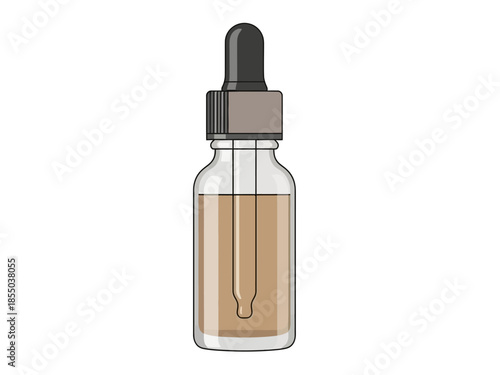 Close-up of a clear glass dropper bottle filled with a light brown liquid, with a black dropper top and a silver cap