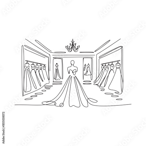 Elegant bridal boutique interior sketch with dresses and a chandelier