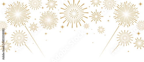 Elegant gold fireworks burst and sparkling stars on clean white background, festive celebration illustration for New Year, holiday party, greeting card, luxury event design, minimalist style vector.