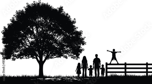 Family silhouette under large tree with children playing on fence, peaceful rural nature scene, parenting, childhood, togetherness, outdoor lifestyle, concept