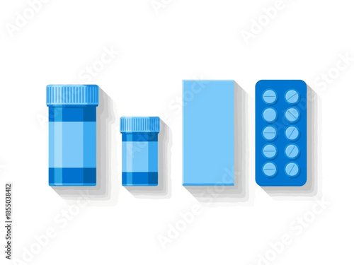 Collection of blue medicine bottles and blister pack of pills, showcasing healthcare and pharmaceutical products